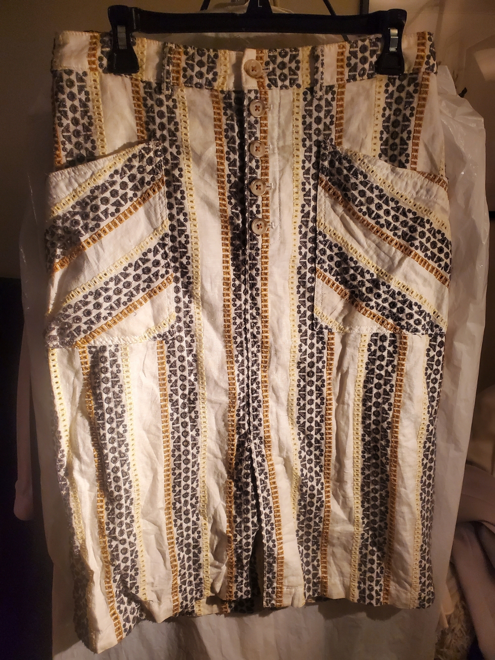 Button-Front Midi Skirt in White with Black & Gold Stripe Detail